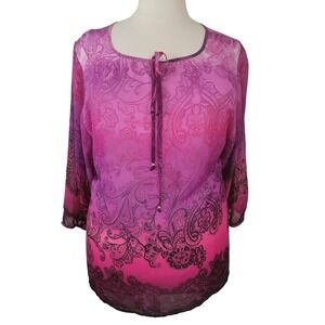 Avenue Studio Womens Pink Purple Paisley Ombre Tie Neck Sheer Blouse Plus 26/28